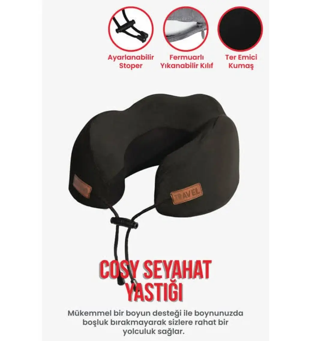 Cosy Ortopedik Seyahat Yastığı Visco Boyun Destekli Seyahat Yastığı - Siyah | Ergo Travel