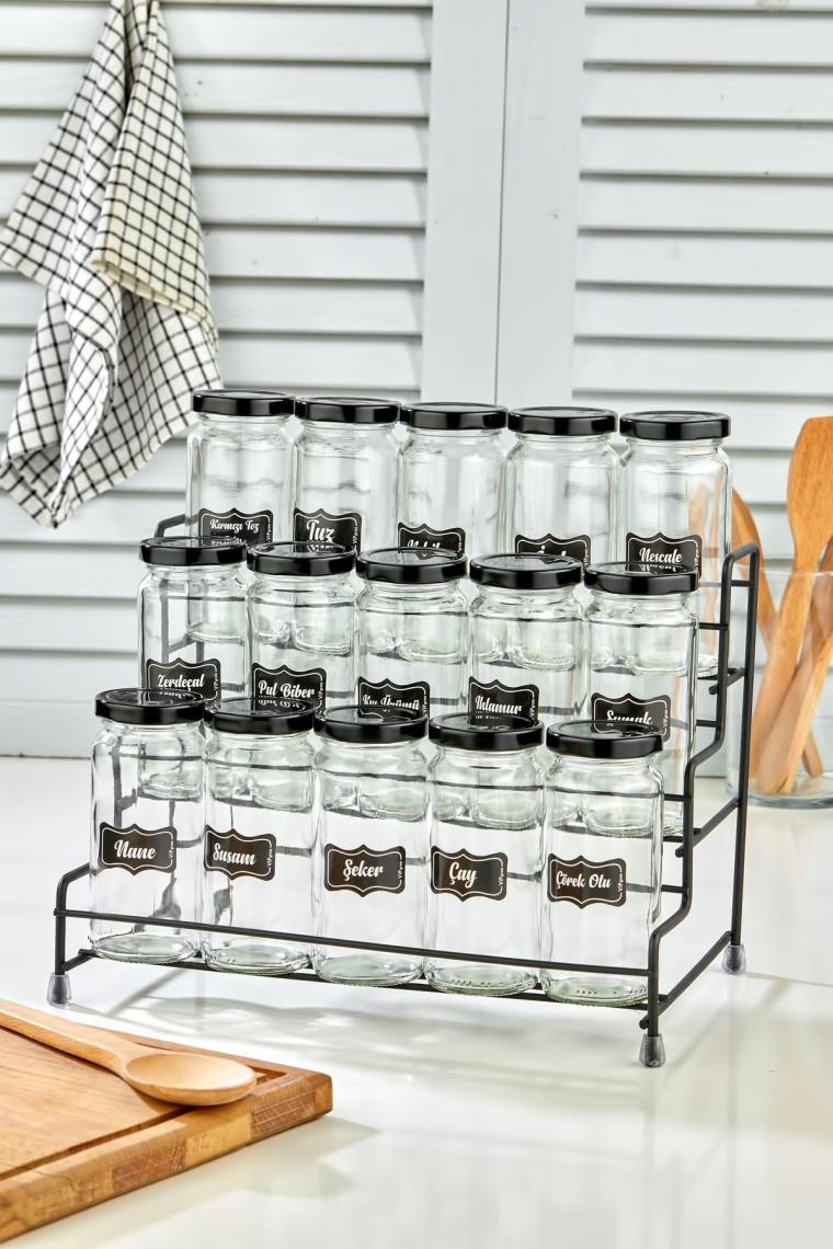 Basamaklı Metal Standlı 15li Baharat Takımı , Basamaklı 15 Kavanozlu Baharat Seti