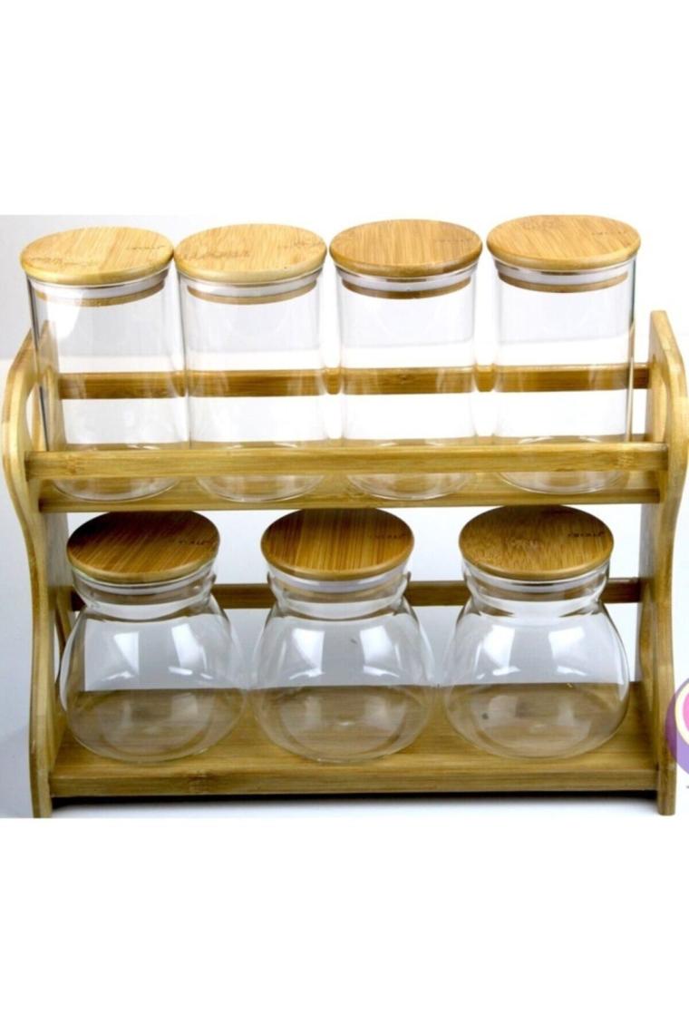 Bambu Standlı Cam Baharat Takımı Bambu Kapak 7 Li