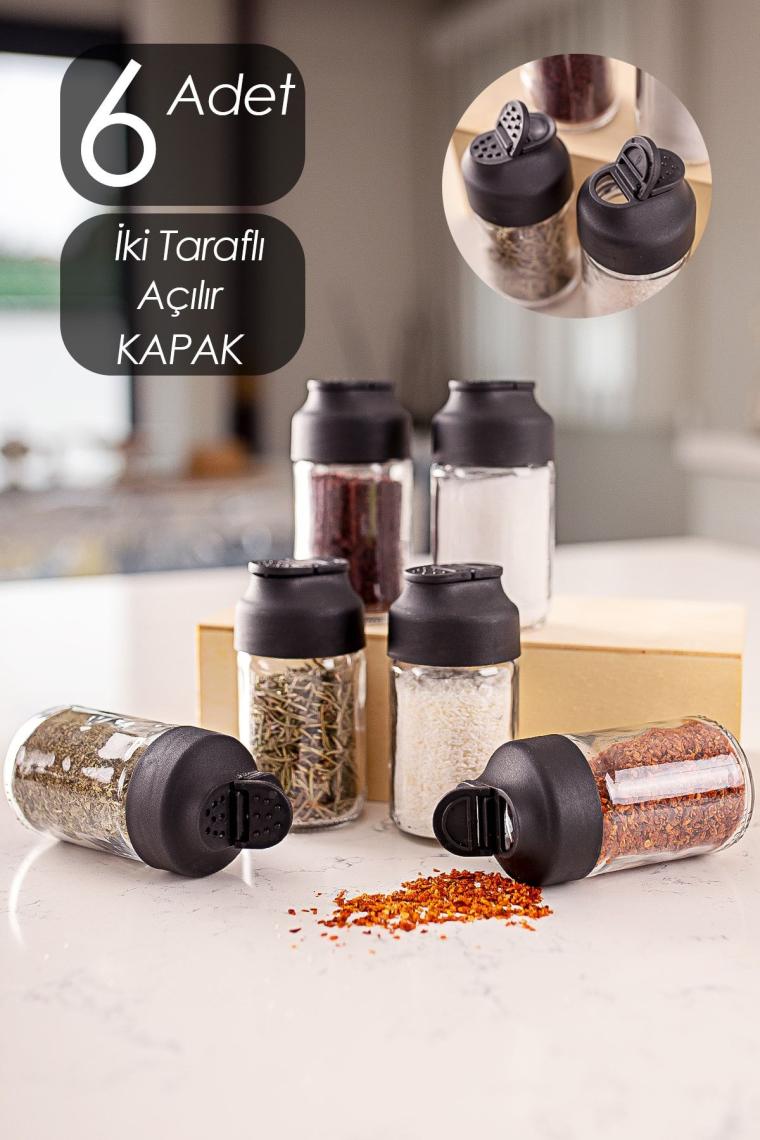 Çift Kapaklı Mini Cam 6'lı Baharatlık Seti - Cam Tuzluk & Biberlik - Mini Baharatlık Takımı