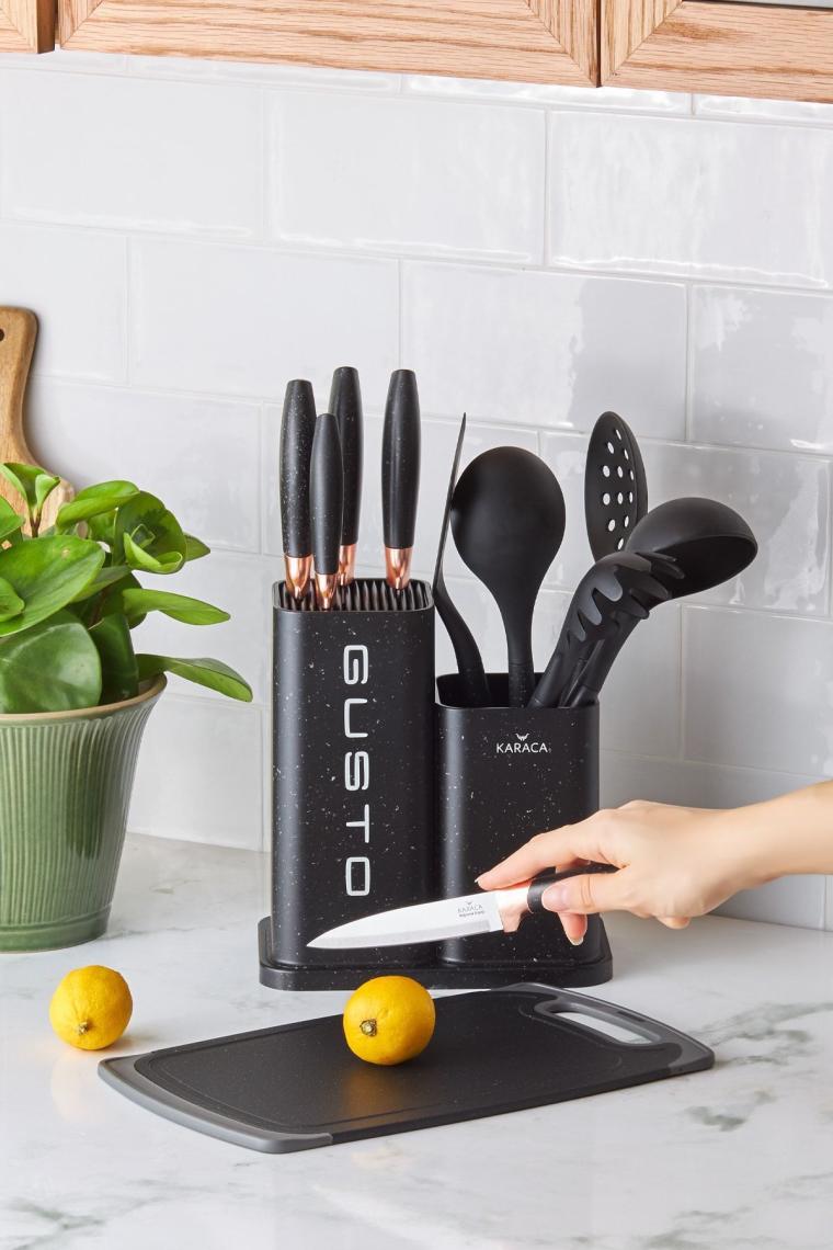 Gusto Siyah 12 Parça Bıçak Servis Kesme Tahtası Seti