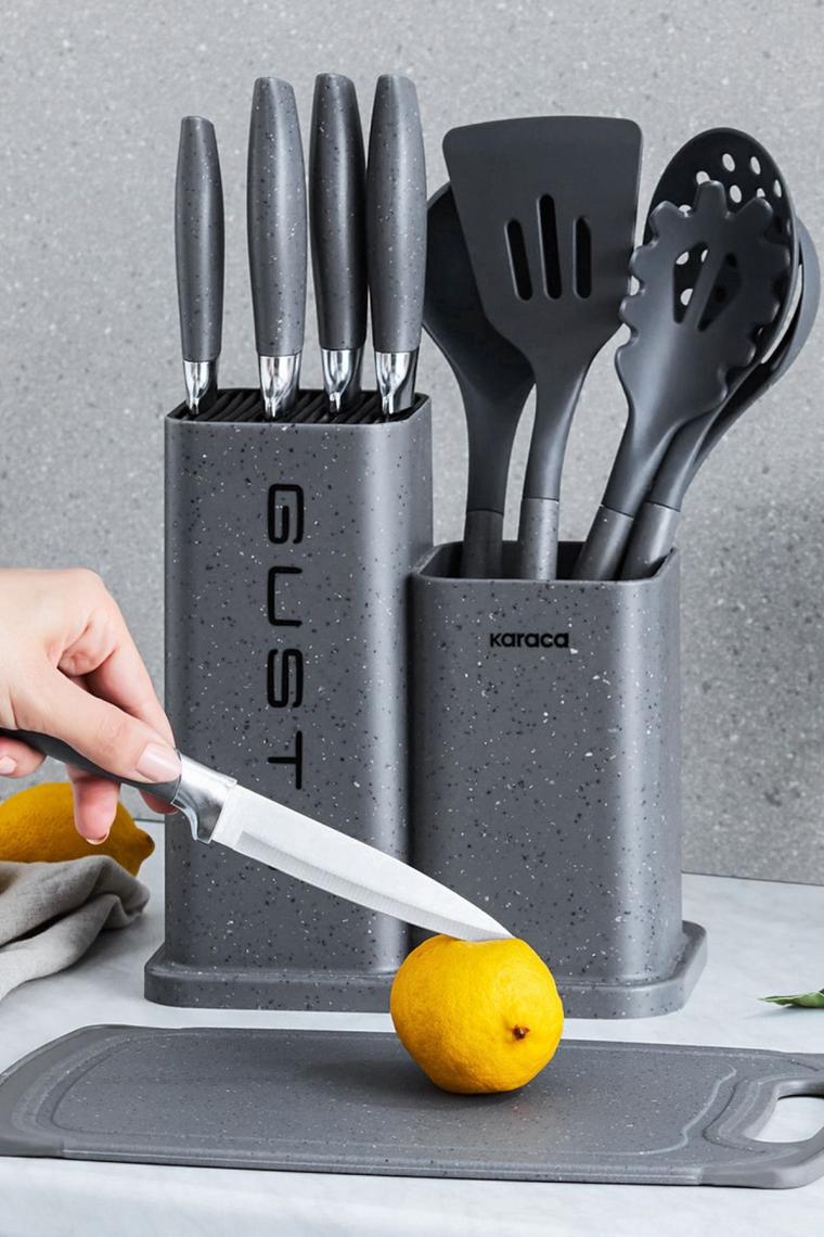 Gusto Gri 12 Parça Bıçak Servis Kesme Tahtası Seti