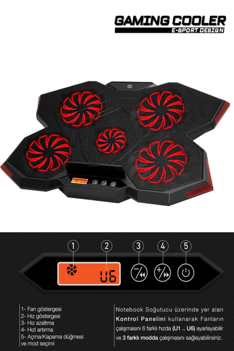 Fnc-5255b Gp5 E-sport Design 5 Fanlı Ledli Lcd Kontrol Panelli 15-17" Pro Standlı Notebook Soğutucu