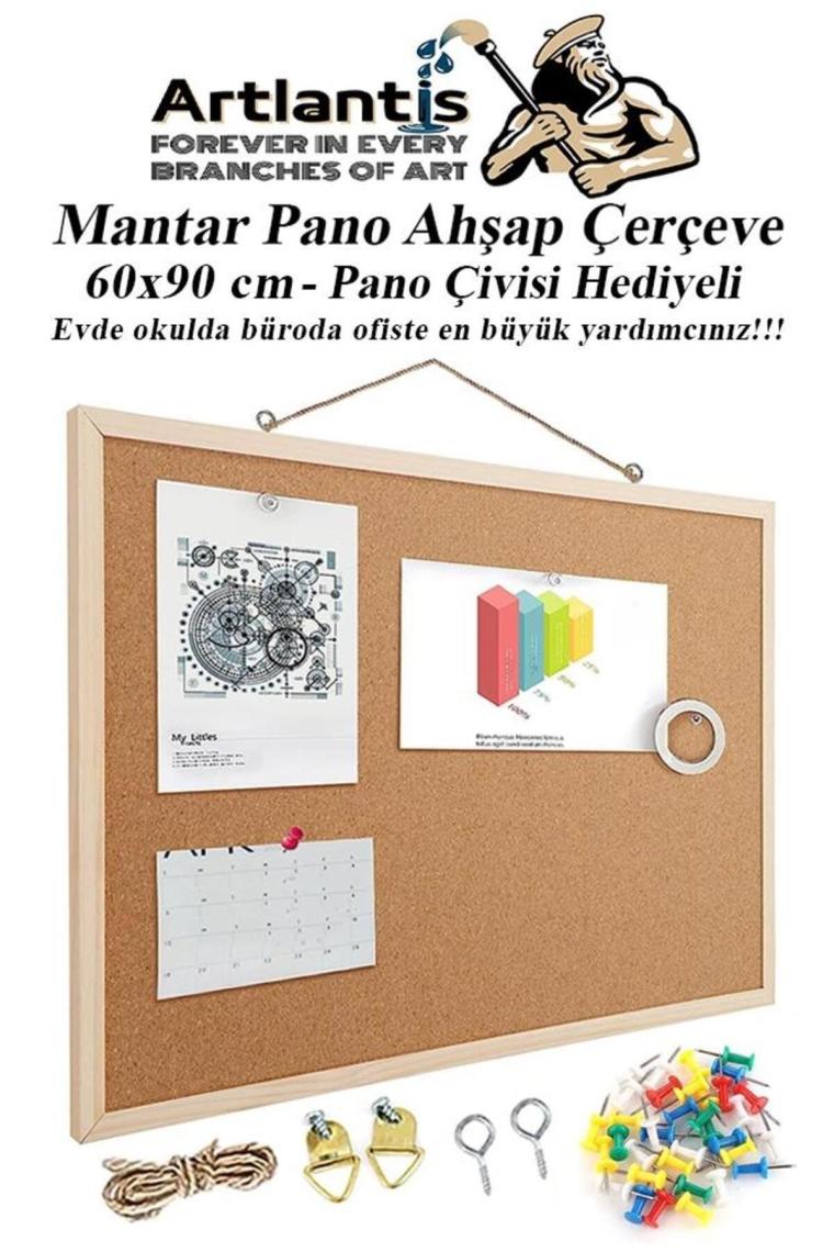 Mantar Pano Ahşap Çerçeve 60x90 cm 1 Adet Harita Çivisi Hediyeli Duvara Monte Mantar Çerçeve Evde Ok