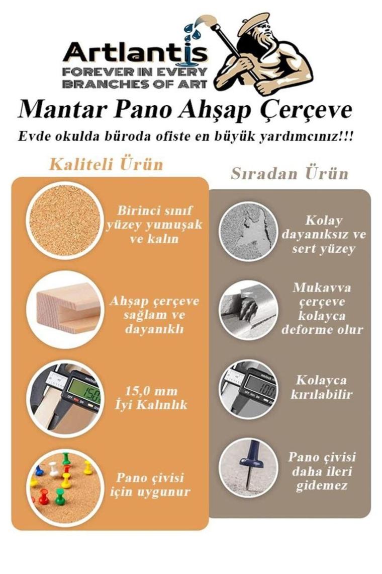 Mantar Pano Ahşap Çerçeve 60x90 cm 1 Adet Harita Çivisi Hediyeli Duvara Monte Mantar Çerçeve Evde Ok