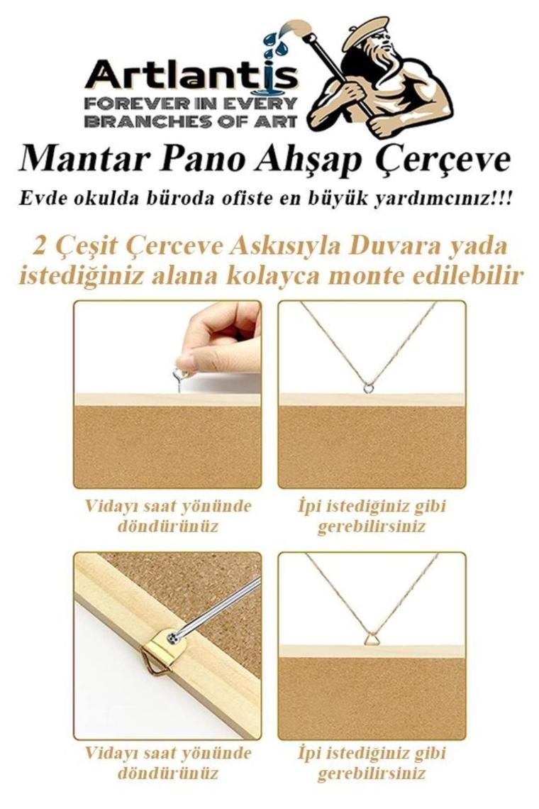 Mantar Pano Ahşap Çerçeve 60x90 cm 1 Adet Harita Çivisi Hediyeli Duvara Monte Mantar Çerçeve Evde Ok
