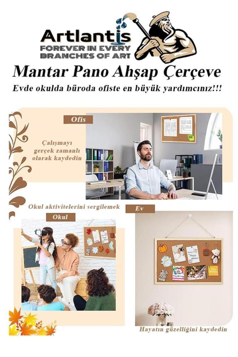 Mantar Pano Ahşap Çerçeve 60x90 cm 1 Adet Harita Çivisi Hediyeli Duvara Monte Mantar Çerçeve Evde Ok
