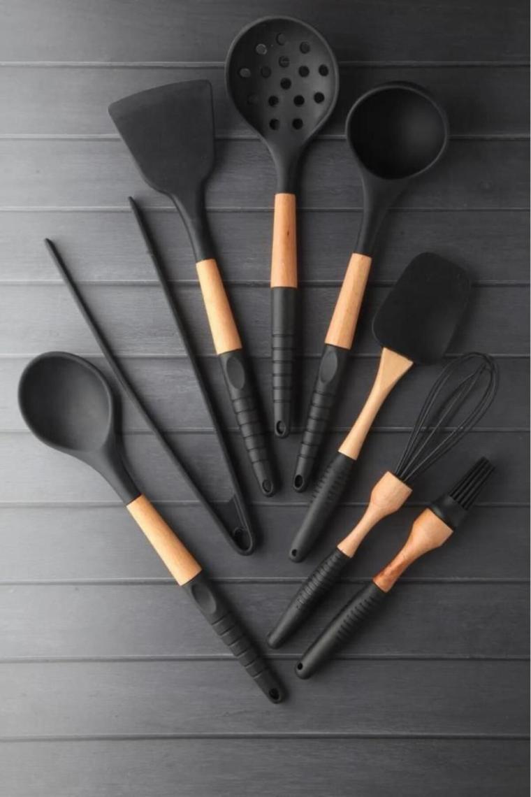 Maestro Black 8 Parça Silikon Servis Seti Pinterest Stil Siyah Tutacaklı Ortası Ahşap