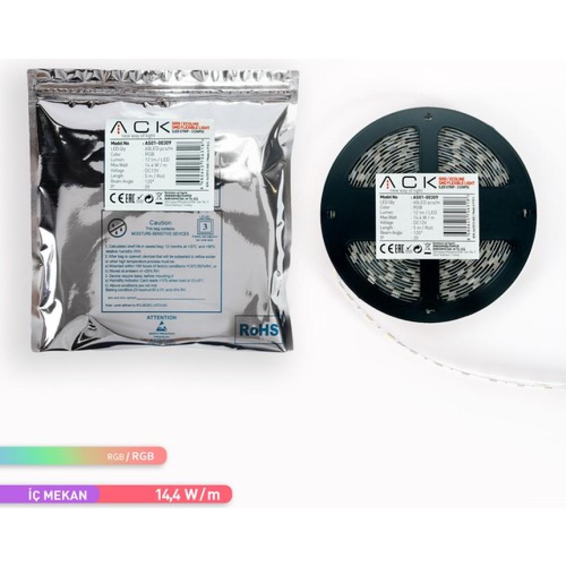 Ack Üç Çip 60 Ledli Şerit LED Rgb 12LM 12V 14,4W 5 Metre