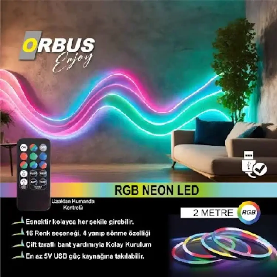 Orbus Rgb Neon Şerit LED 2 Metre Usb'li