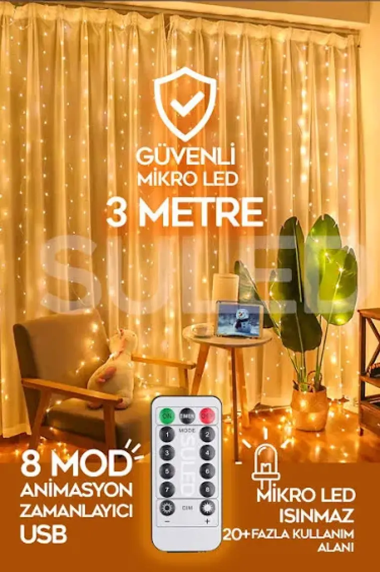 Suled   Perde LED 3x3 Metre Kumandalı 8 Mod Ambiyans Ayarlabilir Boy Dekor Mikro LED Işık