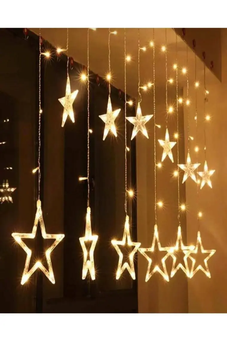 BYSHOME Dekoratif 8 Fonksiyonlu Yıldız Desenli Perde LED 12 Sarkıt Ip LED
