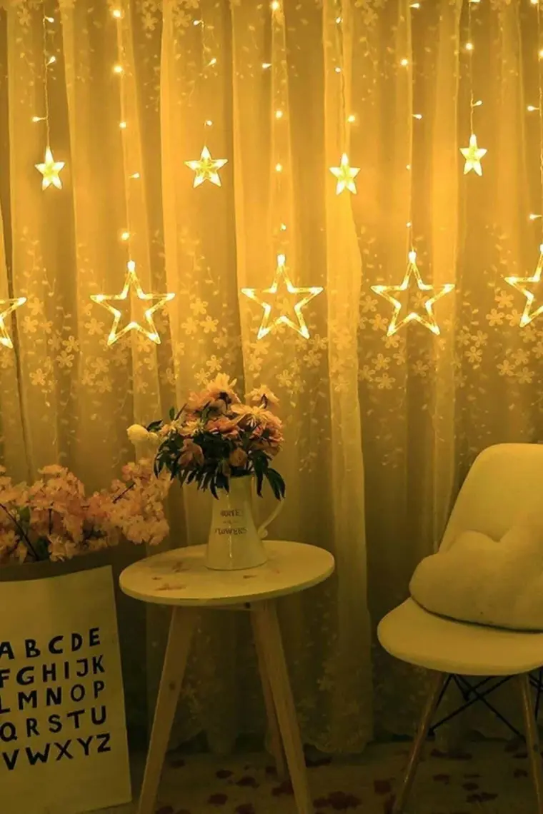 BYSHOME Dekoratif 8 Fonksiyonlu Yıldız Desenli Perde LED 12 Sarkıt Ip LED