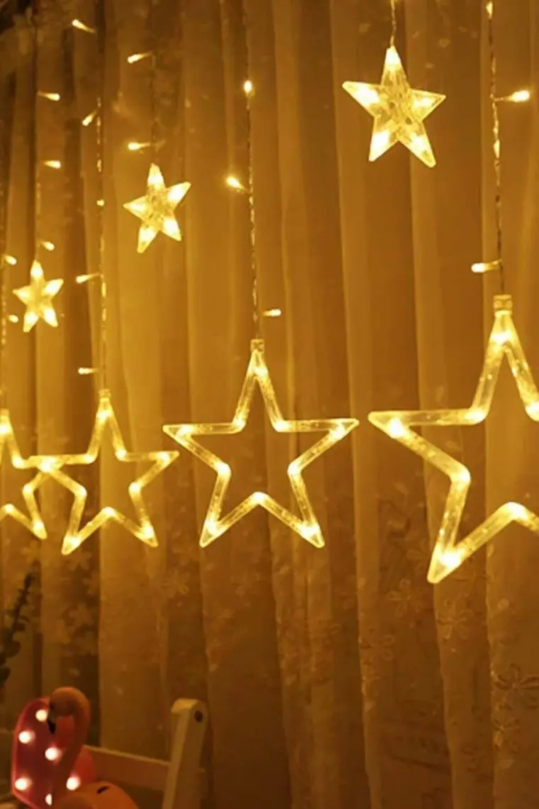BYSHOME Dekoratif 8 Fonksiyonlu Yıldız Desenli Perde LED 12 Sarkıt Ip LED