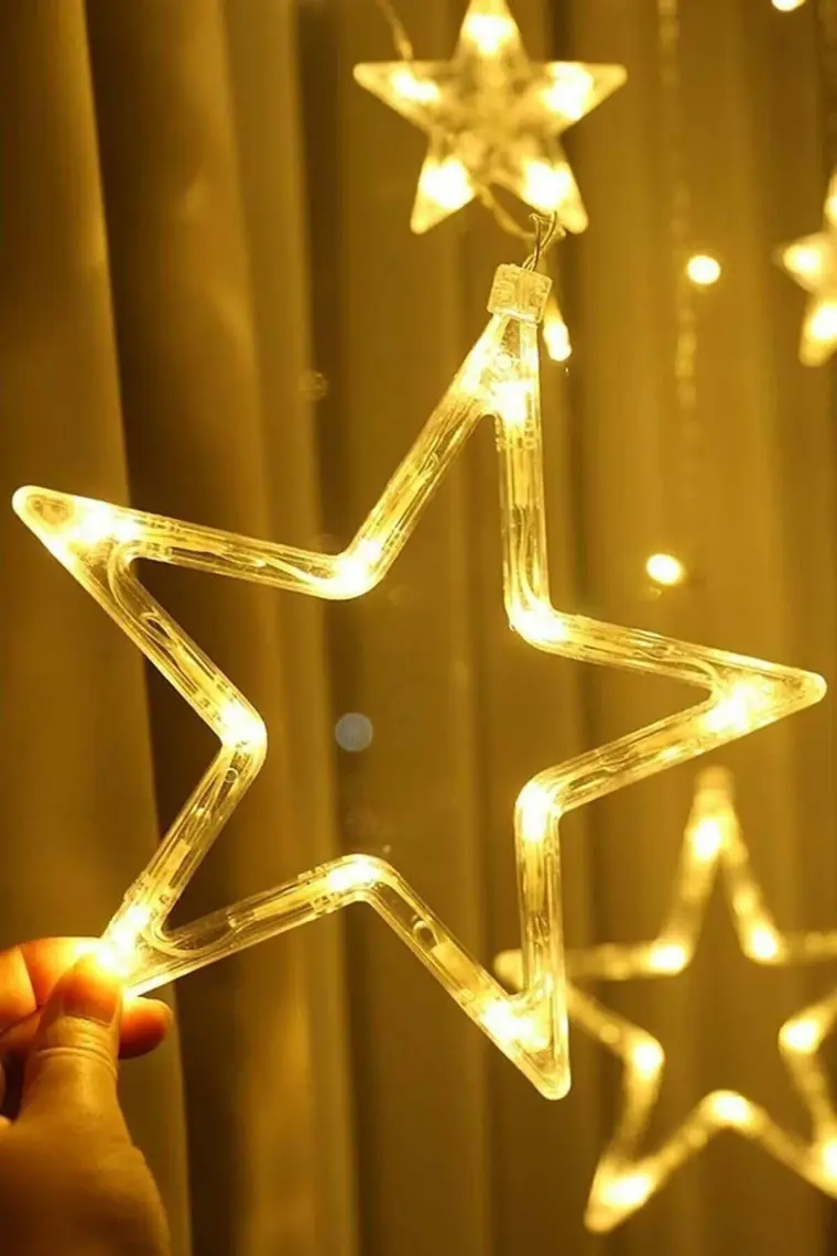 BYSHOME Dekoratif 8 Fonksiyonlu Yıldız Desenli Perde LED 12 Sarkıt Ip LED