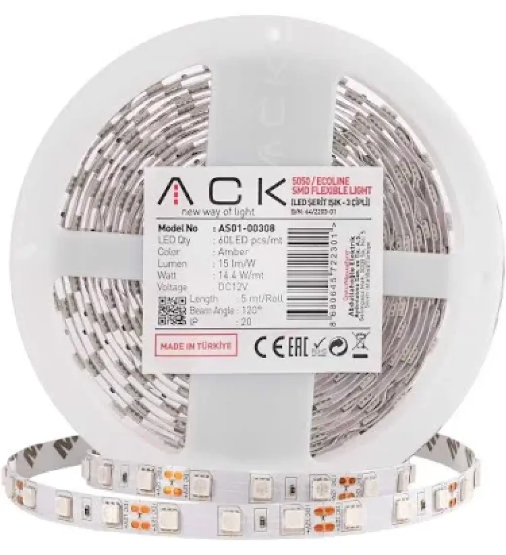 Ack Üç Çip 60 LED Li Şerit LED Amber Işık 12V 14.4W 5m