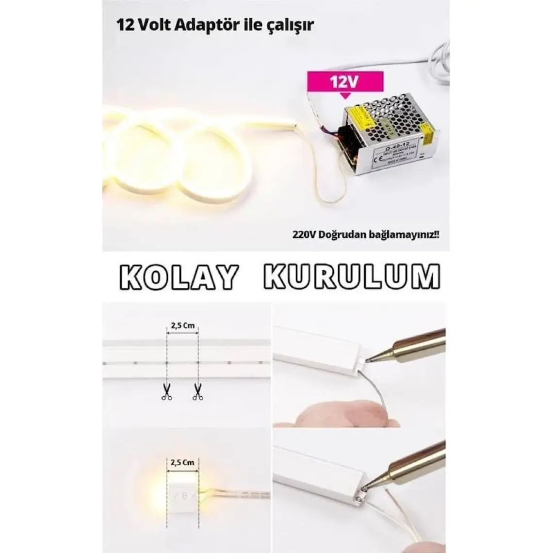 En Parlak Neon LED 12 Volt Pembe Işık Dış Mekan 5 Metre