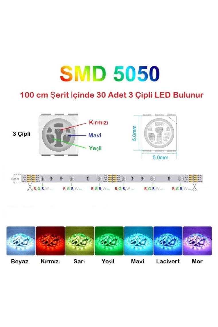 5v Usb 100cm Rgb Şerit Led 3 Çipli Smd5050 30led Ses Sensörlü Kumandalı