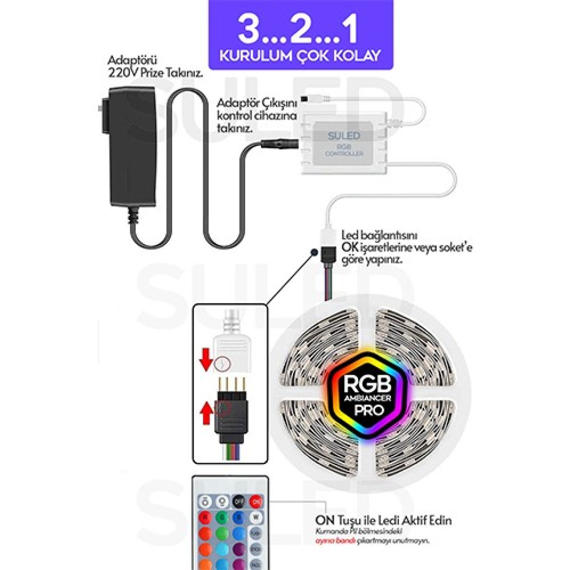 Suled   Şerit LED 5 Metre Animasyonlu Tak Çalıştır Kumandalı Trafolu Rgb Şerit Işık Ambiyans