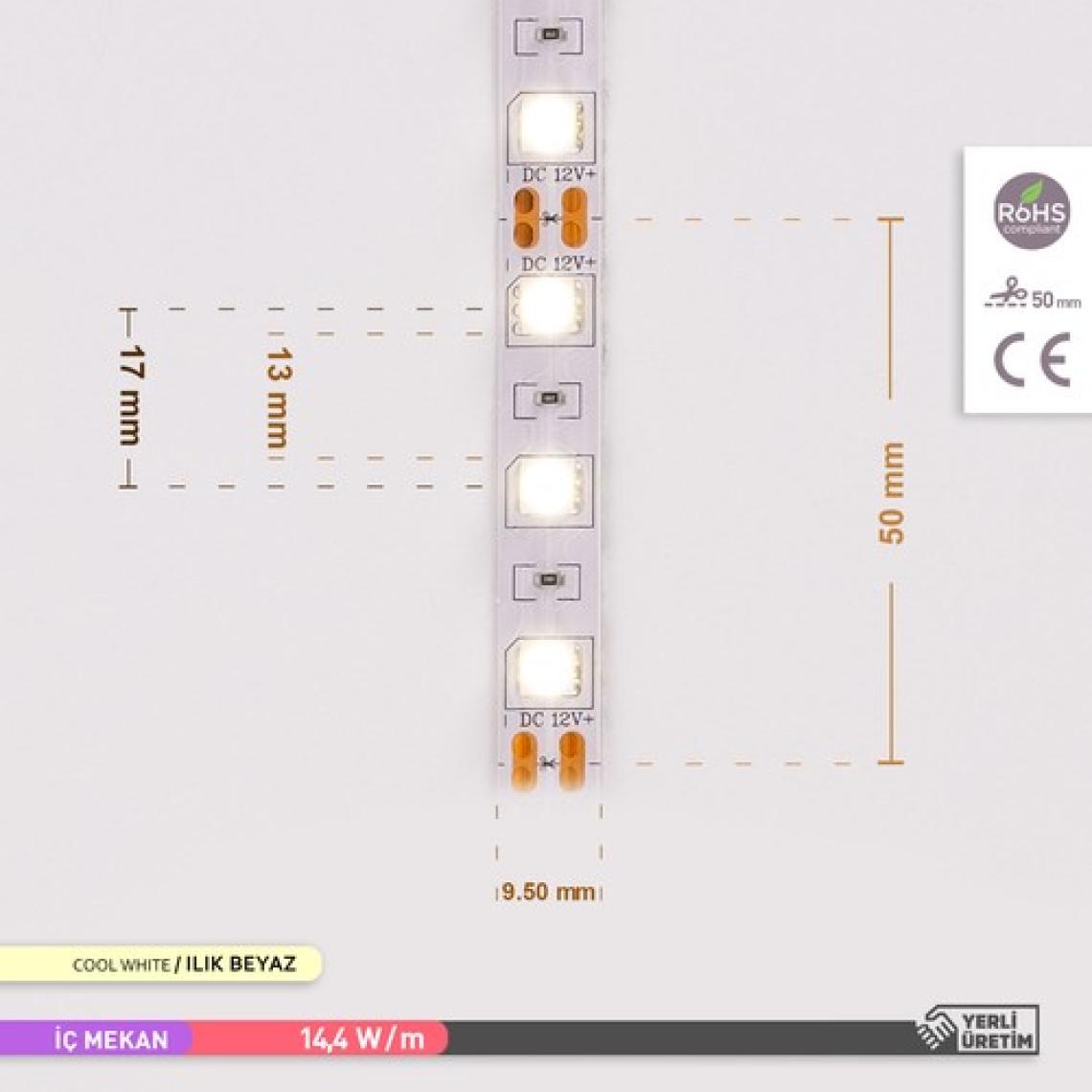 Ack Üç Çip 60 Ledli Şerit LED 4000K Ilık Beyaz 15LM 12V 14,4W 5 Metre