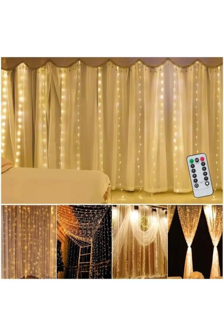 BYSHOME Perde LED Işık 3 x 3 Metre 300 Ledli Kumandalı Usb.i 8 Animasyonlu Dekoratif Amaçlı