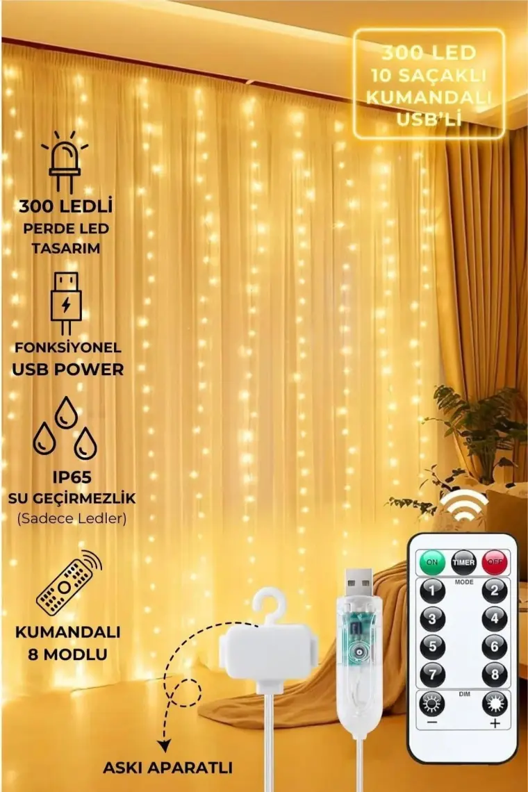 BYSHOME Perde LED Işık 3 x 3 Metre 300 Ledli Kumandalı Usb.i 8 Animasyonlu Dekoratif Amaçlı