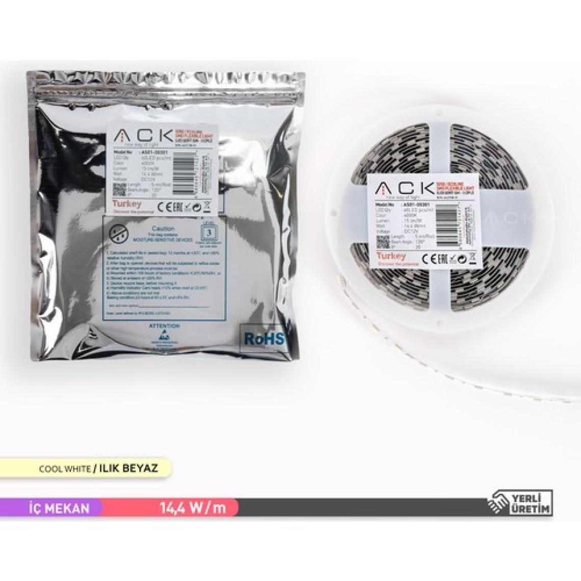 Ack Üç Çip 60 Ledli Şerit LED 4000K Ilık Beyaz 15LM 12V 14,4W 5 Metre