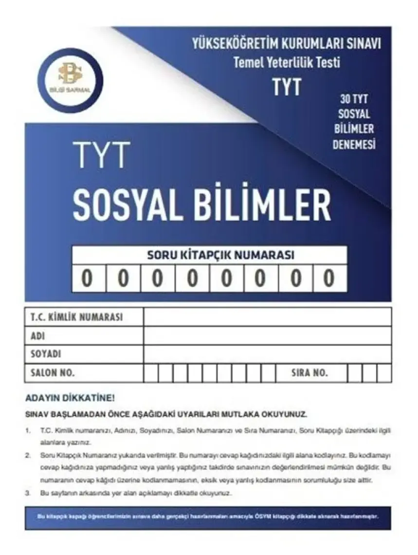 Bilgi Sarmal Yayınları TYT Sosyal Bilimler 30 x 20 Branş Denemeleri