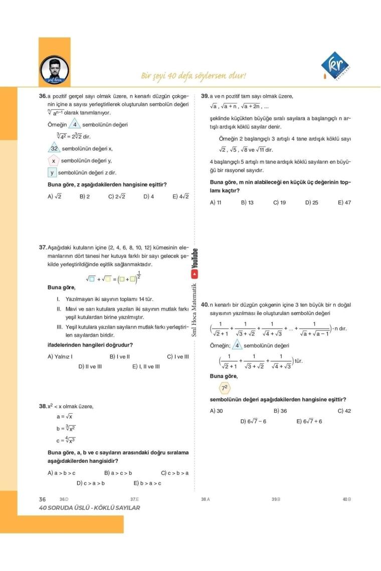 Kr Akademi Yayınları TYT Matematik 40 Soru Serisi Video Soru Kitabı Sml Hoca