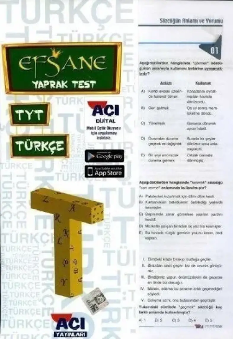 Açı Yayınları TYT Türkçe Efsane Yaprak Test