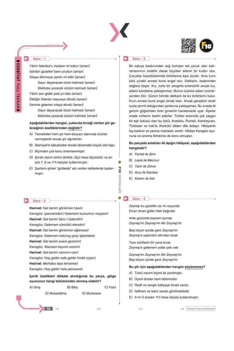 F10 Yayınları Gamze Hoca Türkçenin Matematiği Ayt Edebiyat Full Tekrar Video Ders Kitabı