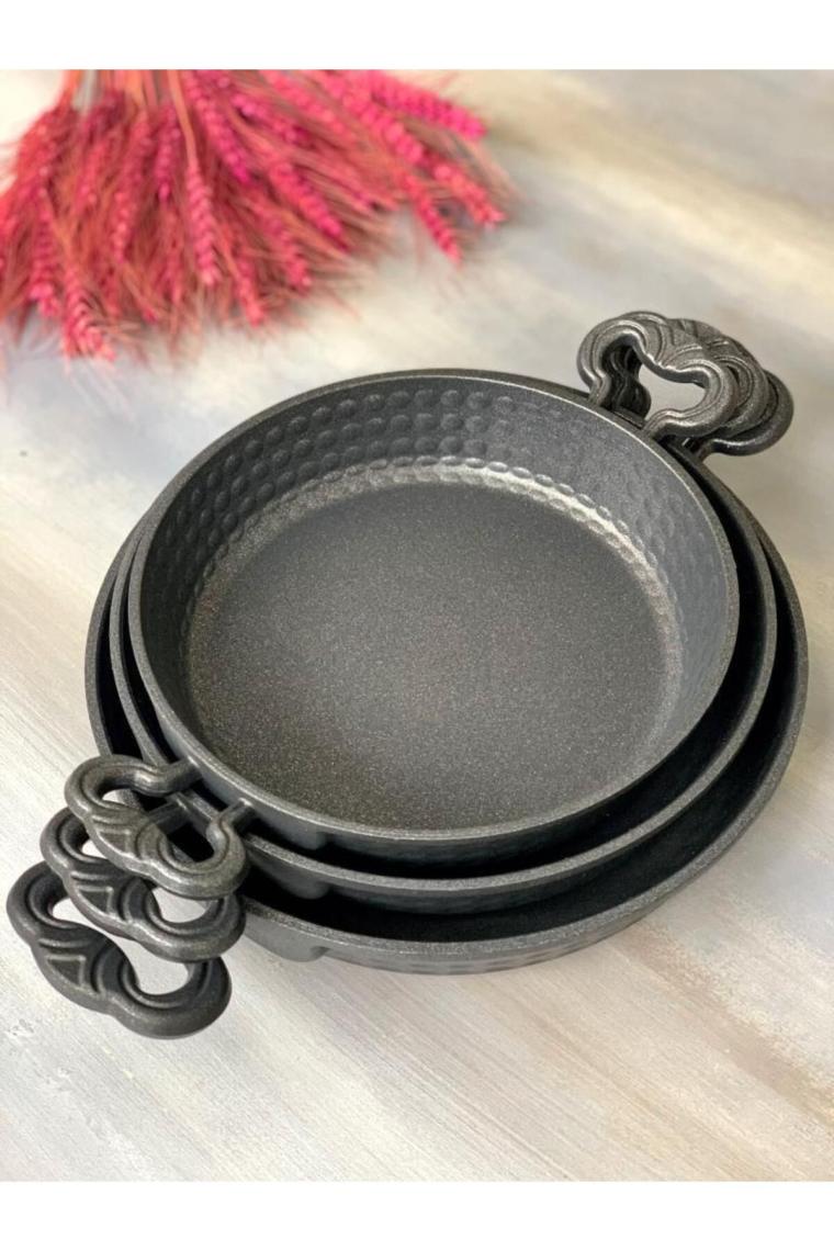 Taşev Pade - Yuvarlak Döküm Sahan Siyah 3 Lü 18 Cm-20cm-22 Cm