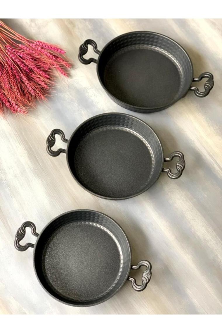 Taşev Pade - Yuvarlak Döküm Sahan Siyah 3 Lü 18 Cm-20cm-22 Cm