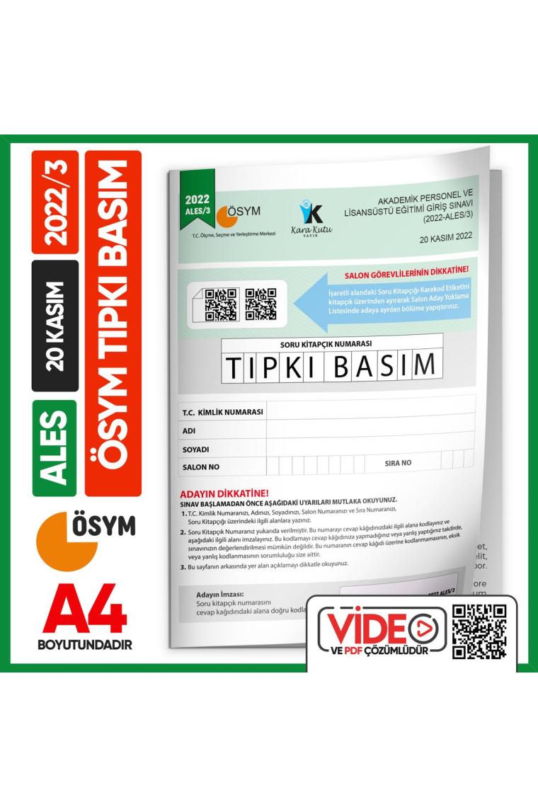 Ales 2022/3 Kasım Ösym Tıpkı Basım Çıkmış Soru Deneme Kitapçığı Video/pdf Çözümlü Türkiye Geneli