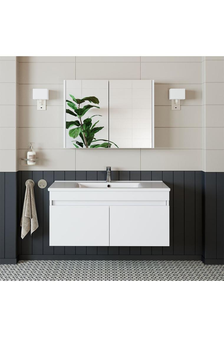 Roomart Al3 Ayaksız 2 Kapaklı Lavabolu Beyaz Mdf 100 Cm Banyo Dolabı Aynalı Üst Dolabı