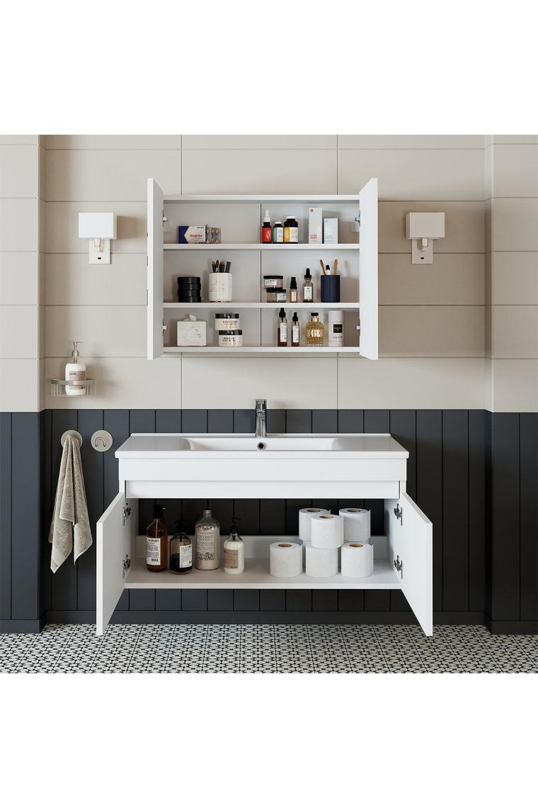 Roomart Al3 Ayaksız 2 Kapaklı Lavabolu Beyaz Mdf 100 Cm Banyo Dolabı Aynalı Üst Dolabı