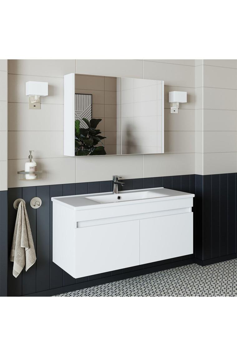 Roomart Al3 Ayaksız 2 Kapaklı Lavabolu Beyaz Mdf 100 Cm Banyo Dolabı Aynalı Üst Dolabı