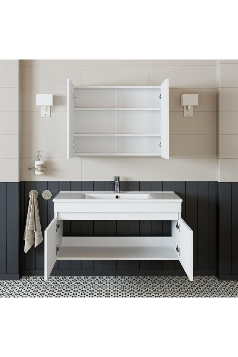 Roomart Al3 Ayaksız 2 Kapaklı Lavabolu Beyaz Mdf 100 Cm Banyo Dolabı Aynalı Üst Dolabı