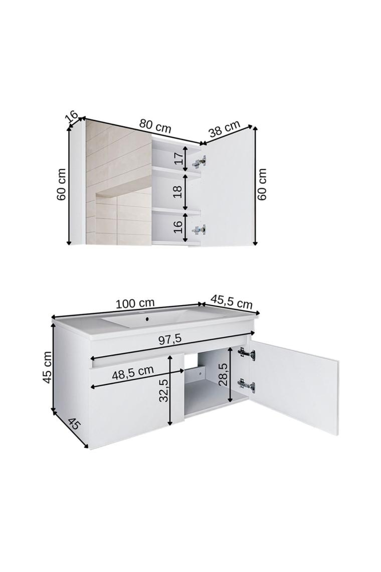 Roomart Al3 Ayaksız 2 Kapaklı Lavabolu Beyaz Mdf 100 Cm Banyo Dolabı Aynalı Üst Dolabı