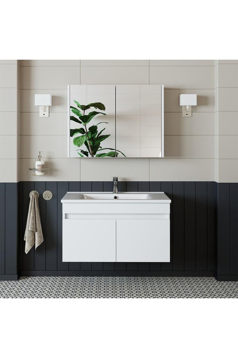 Roomart Al3 Ayaksız 2 Kapaklı Lavabolu Beyaz Mdf 85 Cm Banyo Dolabı Aynalı Üst Dolabı