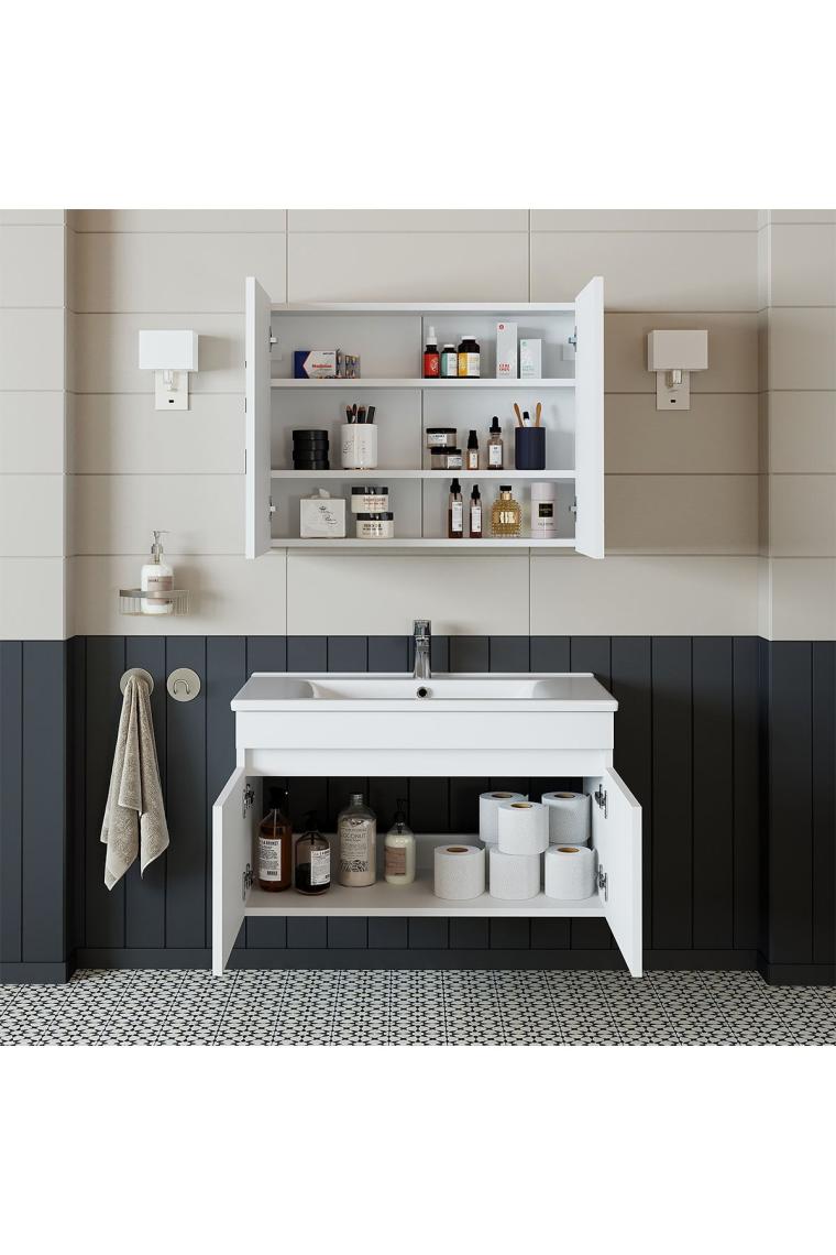 Roomart Al3 Ayaksız 2 Kapaklı Lavabolu Beyaz Mdf 85 Cm Banyo Dolabı Aynalı Üst Dolabı