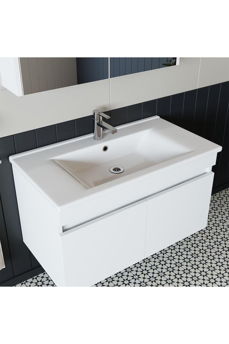 Roomart Al3 Ayaksız 2 Kapaklı Lavabolu Beyaz Mdf 85 Cm Banyo Dolabı Aynalı Üst Dolabı