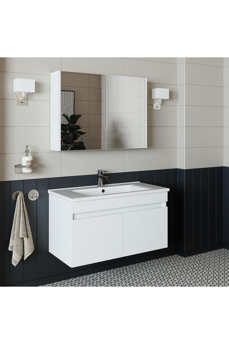Roomart Al3 Ayaksız 2 Kapaklı Lavabolu Beyaz Mdf 85 Cm Banyo Dolabı Aynalı Üst Dolabı