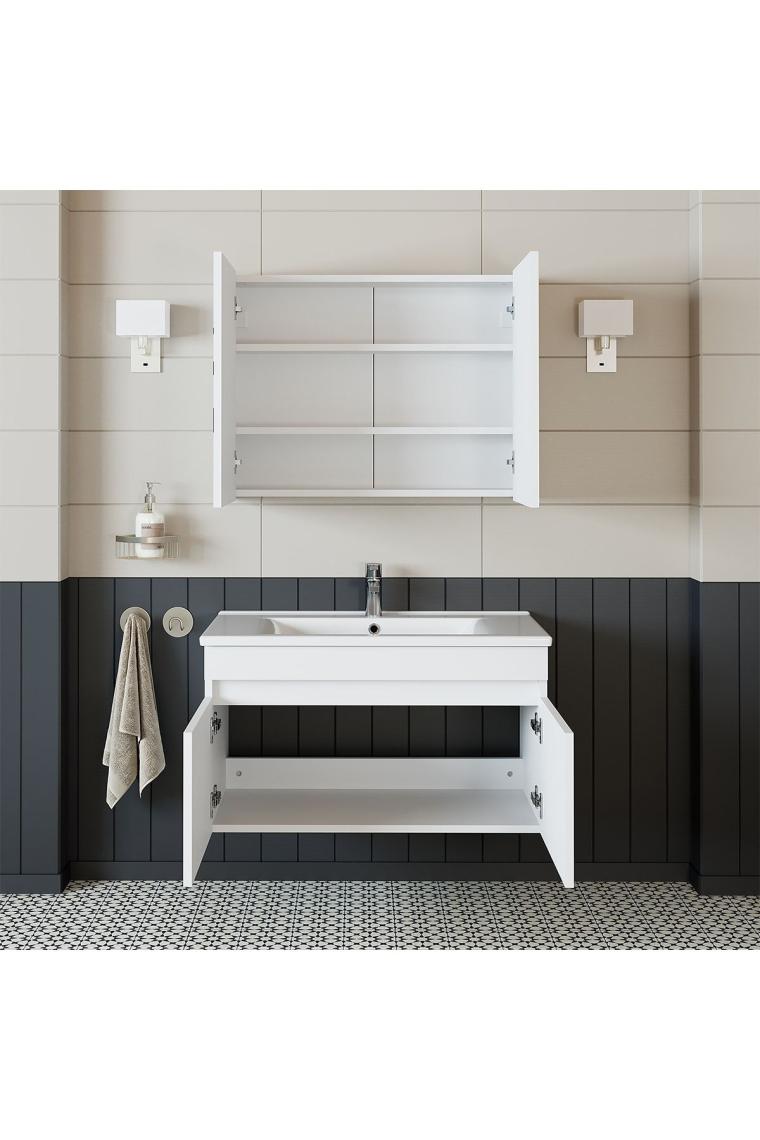 Roomart Al3 Ayaksız 2 Kapaklı Lavabolu Beyaz Mdf 85 Cm Banyo Dolabı Aynalı Üst Dolabı