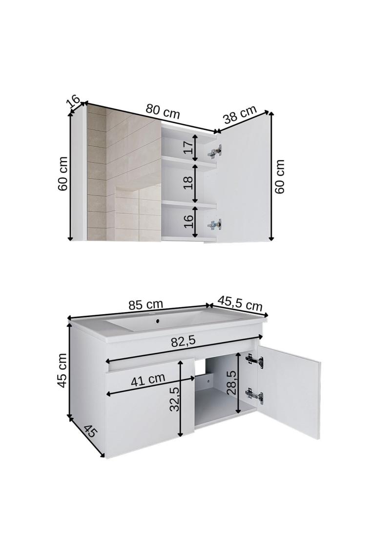 Roomart Al3 Ayaksız 2 Kapaklı Lavabolu Beyaz Mdf 85 Cm Banyo Dolabı Aynalı Üst Dolabı