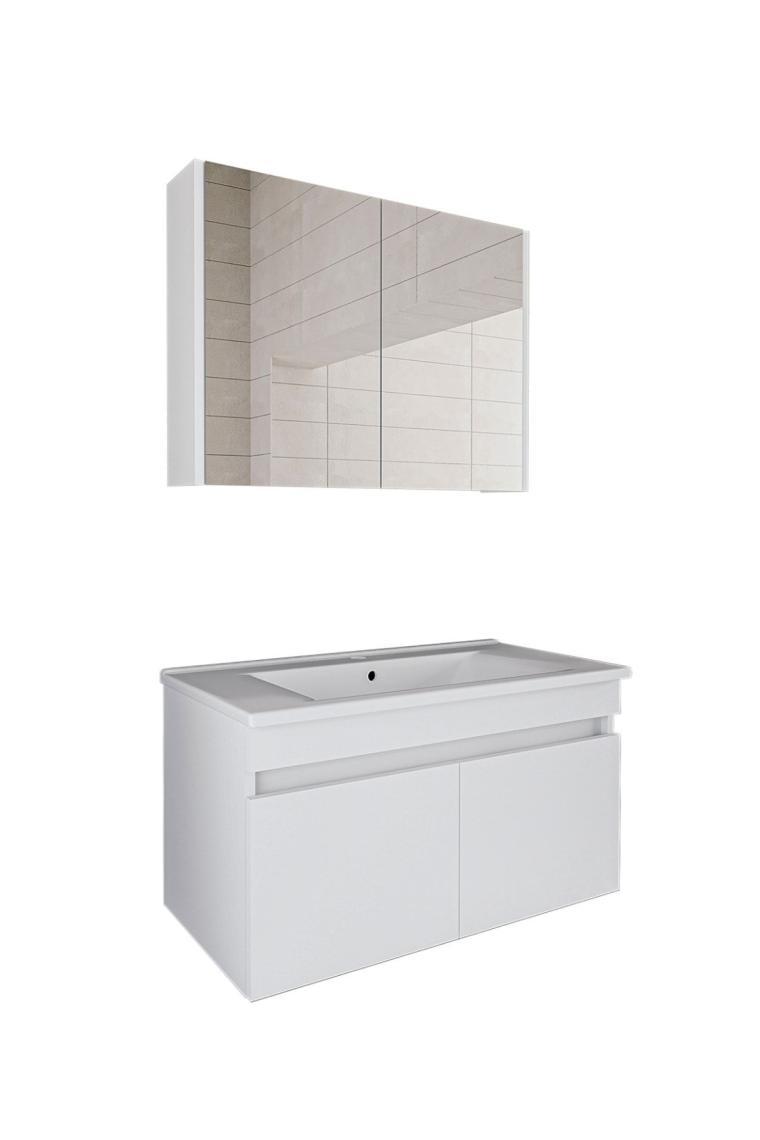 Roomart Al3 Ayaksız 2 Kapaklı Lavabolu Beyaz Mdf 85 Cm Banyo Dolabı Aynalı Üst Dolabı