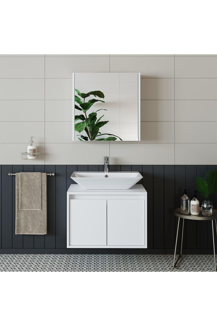Banos Banyo Tm7.2 Lavabolu Mat Beyaz Mdf 65 Cm Banyo Dolabı + Aynalı Banyo Üst Dolabı