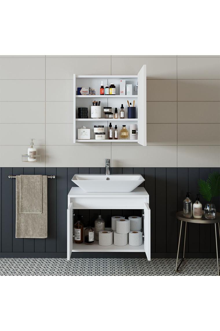 Banos Banyo Tm7.2 Lavabolu Mat Beyaz Mdf 65 Cm Banyo Dolabı + Aynalı Banyo Üst Dolabı