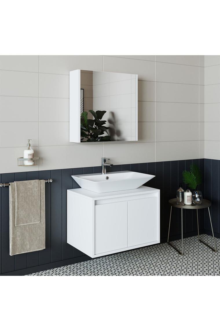 Banos Banyo Tm7.2 Lavabolu Mat Beyaz Mdf 65 Cm Banyo Dolabı + Aynalı Banyo Üst Dolabı