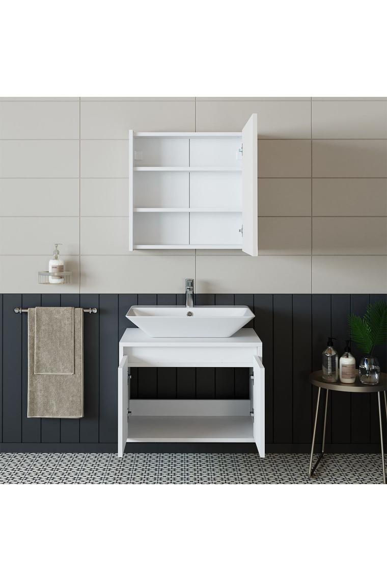 Banos Banyo Tm7.2 Lavabolu Mat Beyaz Mdf 65 Cm Banyo Dolabı + Aynalı Banyo Üst Dolabı